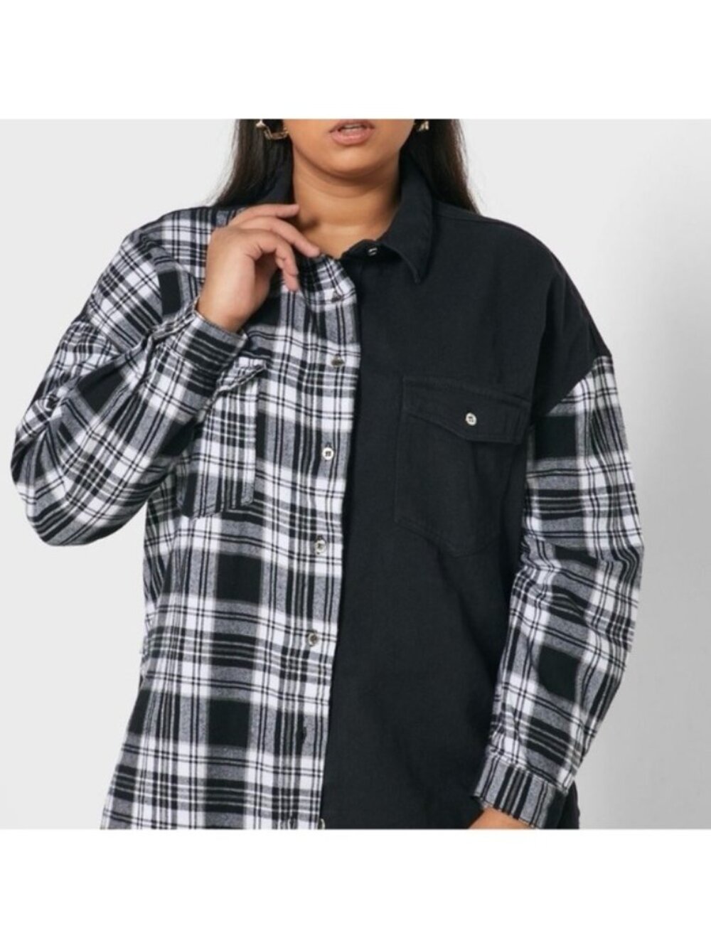 Missguided Black and White Plaid Button-Up Shacket